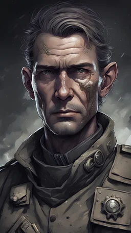 Prompt: magazine, statistics, lines pointing to clothing and gear, detailed character from a dark space opera, lots of details, a 40-year-old man with deep eyes that reflect many battles and losses. His face, although framed by wrinkles and scars, always expresses determination and willpower. He wears a worn-out military uniform, covered with dust and stitches, his face, although a little rough, betrays an aristocratic nature, and in his eyes there is a hint of pity.