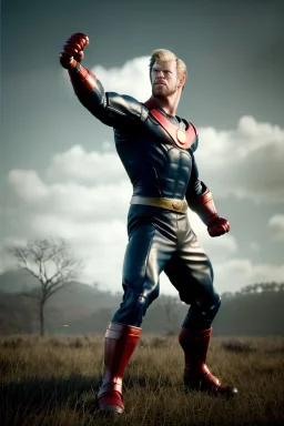 retro portrait image from 1960, sky background, wind, extra long blonde hair, fighting stance, young Chris Hemsworth, clean shave face, black dress, classic long tight lycra black suit, red cap, platinum lycra with scales on the arms, gold bracelet and belt, high boots, soft color, highly detailed, unreal engine 5, ray tracing, RTX, lumen lighting, ultra detail, volumetric lighting, 3d, finely drawn, high definition, high resolution.