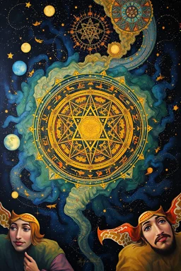 Merkaba spinning back back into itself; Celestial Art with surreal elements; Gustav Klimt inspired painting.