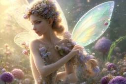 one very little beautiful fairy on a big crystal subtle flower in a galactic ambiance, transparent petals, delicate colors, in the foreground, full of details, smooth, bright sunshine，soft light atmosphere, light effect，vaporwave colorful, concept art, smooth, extremely sharp detail, finely tuned detail, ultra high definition, 8 k, unreal engine 5, ultra sharp focus