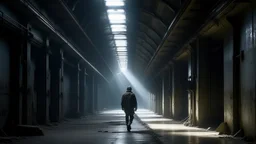 A lone figure wearing a helmet and a grey jacket walks down a dusty, metallic corridor. The corridor is vast and industrial, with curved, textured walls that appear to be part of a massive structure. Tracks run along the floor, suggesting a railway or transport system. In the distance, several other figures are visible, silhouetted against the dim light of the tunnel's end. The overall atmosphere is one of desolation and mystery, with a science fiction aesthetic.