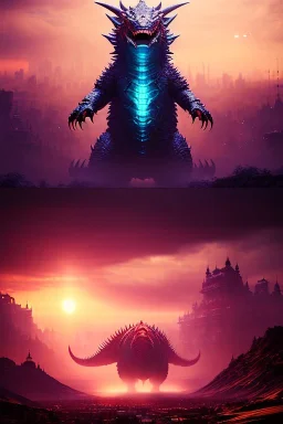 Kaiju, gloomy, 8k resolution, intricate details, ornate details, soft lighting, vibrant colors, retroanime, masterpiece, intricate eyeliner, dark eyeshadow, eyes, intricate tattoos, Modern city background