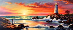 1970s coast, lighthouse, sunset, professional photography, colorful, realistic painting
