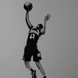 Black and white drawing of a basketball player, slam dunk