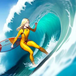 anime surfer boy wearing orange wetsuit, anime with realistic body feature details, high waves, full length cinematic view, blonde hair, waves in the ocean, surfboarding