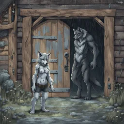 fantasy digital art of young female anthro wolf in gray hairy wolf body and wears just a short canvas rag around her waist , sadly crying face stands in the rain front the door, behind her an tall anthro dark hairy wolf man standing behind in rustic halb open door in an massive wooden house, deep colors, rainy day, detailed, anthropomorphic creatures, fantasy, sci-fi mood