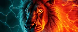 close up portrait of a plasma vampire flickers like hypnotic fire in geometric shapes like a dna swirl of time and a fearsome fluffy lion horse in the style of H R Giger