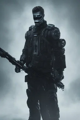 All Black Hayden Christensen soldier, ghost, wearing high tech mask, white smoke, dark, rage, sorrow, high definition, ultra 8 k, volumetric lighting, blue fire, fog