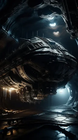 A strange spaceship in side Si-Fi, The cave of Batman atmospheric lighting effects, intricate industrial details, moody atmosphere, eerie grimdark ambiance, complex motherboard accents, speculative fiction art. Bokeh