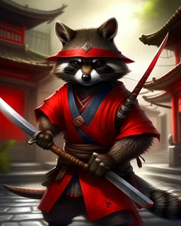 raccoon as a samurai, realistic, 2 katanas, city, red straw Hat