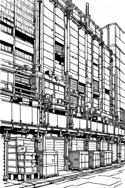 Tokyo, industrial warehouses, line arts, manga style