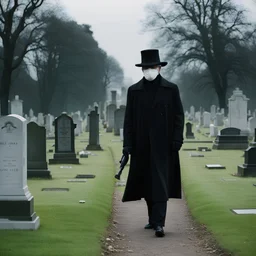 photo raw, 8k uhd, 1990s film still, man in black trenchcoat and black hat, wearing full white mask, white hair, in a cemetary during the day, sharp focus, realistic,