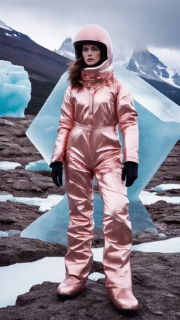 Fashion film in the icefields of Patagonia, a stunning supermodel in an incomplete Astronaut pink bronze suit discover the icefields and giant iceblocks and icebergs using stunning poses we can see her face through the glass . Supreme landscape, inticate background and a minimalist composition that creates a great megalophobia effect. Old lens, old Kodak vision filmstock, 1600 iso.