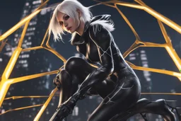 Venom in 8k nier automata drawing style, spider-gwen them, cinematic mood, neon effect, close picture, rain, highly detailed, high details, detailed portrait, masterpiece,ultra detailed, ultra quality