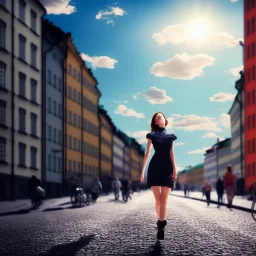 woman photography, theme art, 8K, clouds and sun, ignore NSFW, full body image, Stockholm streets realistic high detail