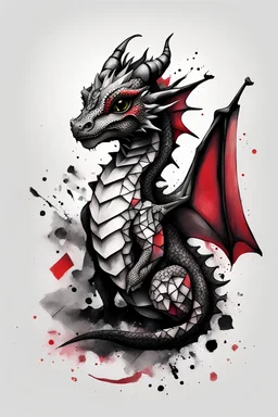 Tattoo a Baby dragon, using a, white, black, and rerd colors.,white backround,mixed trash polka and geometric tatoo style