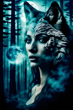 double exposure stunning woman-wolf hybrid portait, forest, moon, smoke, ultra-high detailed, deep dark colors, dark fantasy, intricate detail, cinematic, masterpiece, sharp focus, dark ethereal fantasy, hyperdetailed, atmospheric , dark surreal fantasy