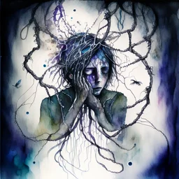 create a watercolour painting, This artwork portrays a drug addict trapped in a web of their addiction, with the substance depicted as dark tendrils ensnaring their mind. However, amidst the darkness, their thoughts manifest as fantastical creatures trying to break free. Each creature represents a different aspect of their personality and desires, all struggling to find liberation from the clutches of addiction.