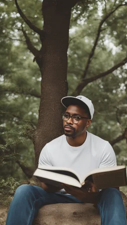 A man wears a white Dad Hat and wears glasses and is busy reading with a tree behind him, high resolution, and the image focuses on the Dad Hat