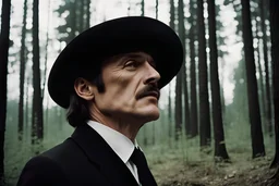 A man in a shoulder-length black suit. the man's head in profile to the right. The head is raised, looking up. the mouth is slightly open. On his head is a black hat. White collar. Forest in the background. The style of Andrei Tarkovsky's films