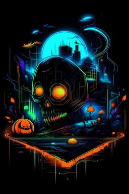 "Create an AI painting art logo for T-shirt piece that blends the eerie enchantment of Halloween with a futuristic twist. Picture a cyberpunk-themed Halloween night, where neon lights and holographic jack-o'-lanterns illuminate the streets, and supernatural beings meet cutting-edge technology."