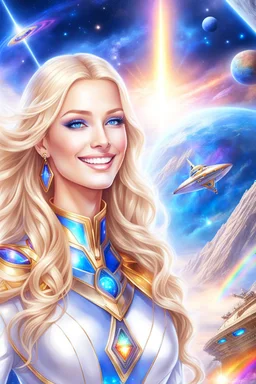 cosmic woman smile, admiral from the future, one fine whole face, crystalline skin, expressive blue eyes,rainbow, smiling lips, very nice smile, costume pleiadian, Beautiful tall woman pleiadian Galactic commander, ship, perfect datailed golden galactic suit, high rank, long blond hair, hand whit five perfect detailed finger, amazing big blue eyes, smilling mouth, high drfinition lips, cosmic happiness, bright colors, blue, pink, gold, jewels, realist, high commander