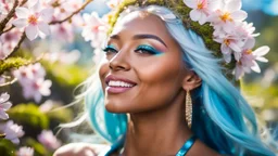 Close-up portrait of a gorgeous smiling skinny polynesian goddess with a golden dark skin, long smooth clear turquoise blue white hair, blue eyes, in a sci-fi outfit with luminous strikes blowing a kiss in a hill of flowers with sakura trees, a small torrent, loads of mini flowers, moss, sun rays through the branches, particles in the air at spring