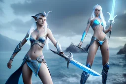 [Sea Elf] [Maormer] Hero Queen with [white hair] and [blue skin] wielding a blue glass sword on a ship with crew [fantasy] [realism] [Elder scrolls]