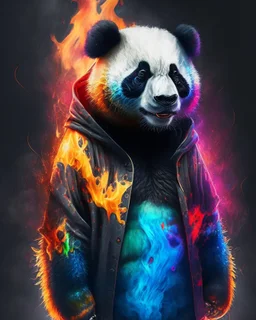 Panda grizzle hybrid colors clothes with lollipopd dark fire art ,Hyperrealistic stunning Master piece