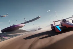 Futuristic formula race car, hovering above track, cyberpunk style