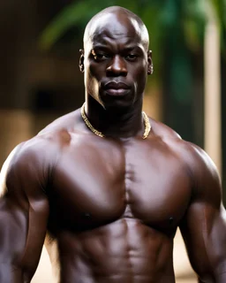 Terry crewes x Adewale Akinnuoye-Agbaje as a handsome dark skinned and muscular heavy set man with a bald head and neatly trimmed beard. he is shirtless. he has a gold earing in his left ear. modern setting