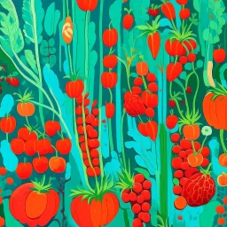A cyan garden with strawberries and carrots designed in Navajo woven art painted by Clyfford Still
