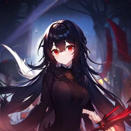 Clear focus, high resolution, black long fluffy hair, red eyes, wearing a Midnight outfit