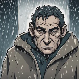 a closeup of a serial killer in a heavy coat during a rainstorm cartoon