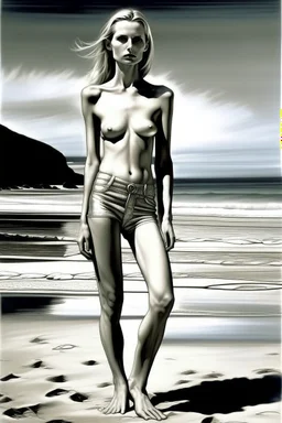 naked beautiful woman on beach, full body shot, helmut newton, anorexic, silver bikini, photorealistic, blond hair to chin