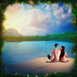 2 lovers last kiss in sand island with tent and river background