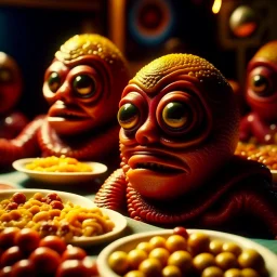 Close-up odd movie shot of ultra realistic dine, vivid, ultra realistic odd organs, hypermaximalist figures, light, 1970's odd movie, sinister, Minico Quollati style, photography by Marfok Endgulp, ornate, 4k, photorealism