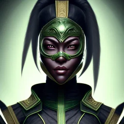 jade, mortal kombat, face, smile, dark skin color, dark ninja mask, black hair, brown eyes closed, woman