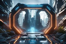 landscape outdoor portal connected to cyber world, Cinematic smooth, Blender, octane render, high quality, High resolution, cyberpunk