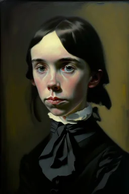 Young Emily Dickinson portraiture by Wolfgang Alt, oil on canvas, Fine Art, Abstract, Conceptual, Figurative, Dark color palette, high quality,