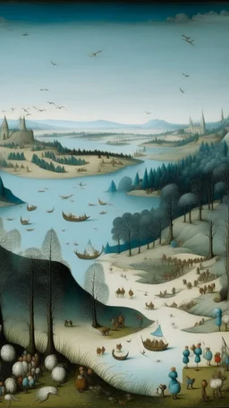 A pale blue small dreamland painted by Pieter Bruegel the Elder