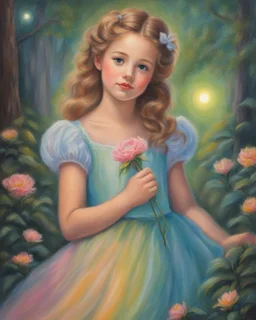 Oil pastel painting of a beautiful girl in a dreamy forest, beautiful portrait painting, Anne Shirley, dress with puffy sleeves, glow, sparkles, oil pastel painting, inspired by Thomas Kinkade, detailed oil pastel painting, beautiful flowers, dream, pretty face, fantasy art, moonlight, young girl, fairy, fine detail, dynamic, colorful oil pastel painting, vibrant painting