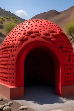 A red volcanic vault made out of brimstone designed in ancient Greek pottery