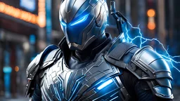 a super high-detailed and realistic image of a cyberpunk-style knight in a silver-blue Spider-Man-inspired body armor with a glowing lightning charge: "Generate an extraordinary and highly detailed image of a cyberpunk-style knight donning a state-of-the-art silver-blue body armor that draws inspiration from Spider-Man, yet takes it to a new level of high-tech brilliance. This knightly body armor emits a mesmerizing glow, with lightning charges coursing through its surface