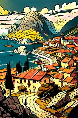 Draw the landscape of Montenegro in comic style.