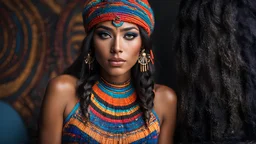 presented like an ancient egypt pharaoh carved in black sand Stone, Super Closeup Portrait, skinny Excited Blushed native American Woman in colorfull neon Striped knitted full bodysuit, braided Bangs haircut, freckles, pureerosface_v1, serious Look, offering Herself, feminine expressions, nice bedroom at night, dimmed light, very detailed, hd, RAW photograph, masterpiece, top quality, best quality, official art,highest detailed, atmospheric lighting, cinematic composition