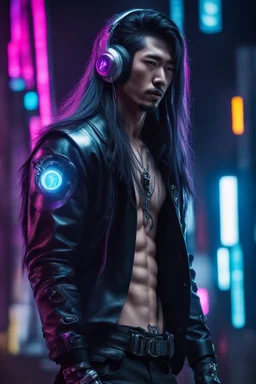 korean male cyberpunk solo with long hair, korean, Wearing Urban Gang Flash dark leather and modern-futuristic headaphone, cyber-man warrior, black tatoo, stunning man, Retroanime, rembradt lighting, neon complementary colors, dark vibe, scifi