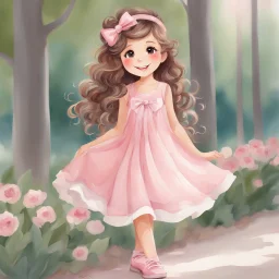 watercolor, full body, cute smile girl, curly hair, big eyes, long brown hair, pink dress, pink shoes, white backgrownd