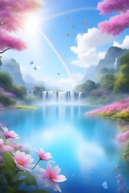 fantastic,Beautiful garden, flowers,rainbows, cascades arc en ciel, papillons colorés