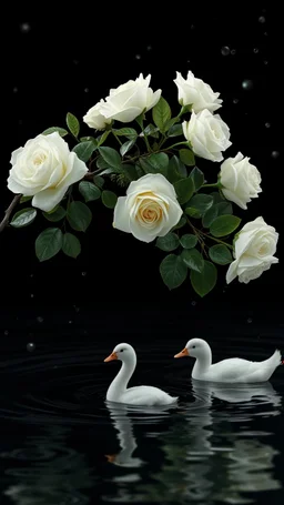 The image is a digital artwork that depicts a branch of tree of white roses and leaves tangling in to a water in the river with white babe duck aThe rose floats on the surface of the water, creating a wave-like effect. The background is black, which makes a branch of a tree of white roses stand out even more. Water droplets are scattered adding to the dreamy, ethereal quality of the image. The a